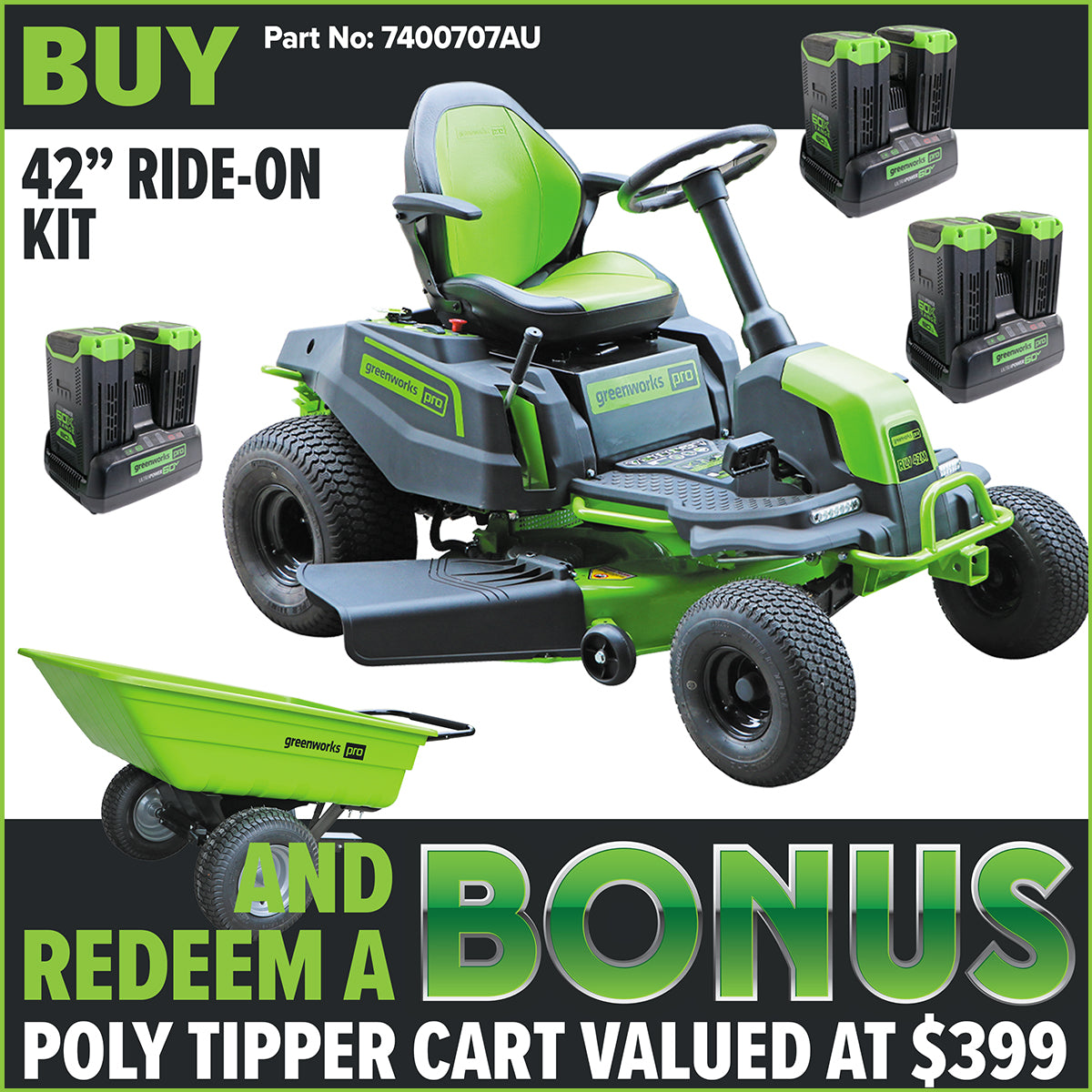 Greenworks CRT426 60V 42in Electric Ride On Mower [7400707AU