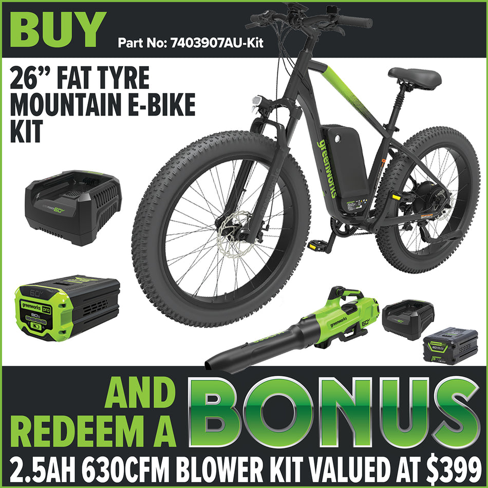Greenworks 60V VENTURE Series 26” Fat Tyre Electric Mountain Bike