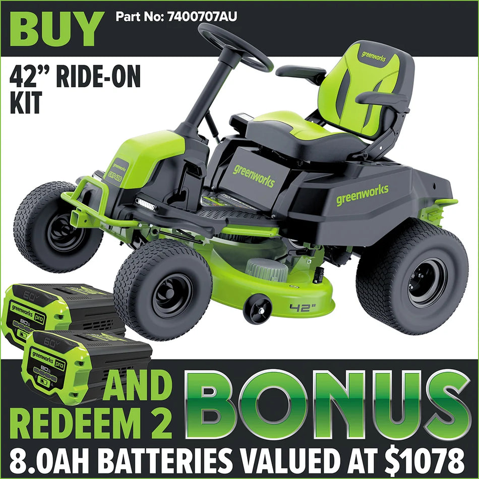 Greenworks CRT426 60V 42in Electric Ride On Mower [7400707AU] - perfect for large lawns!