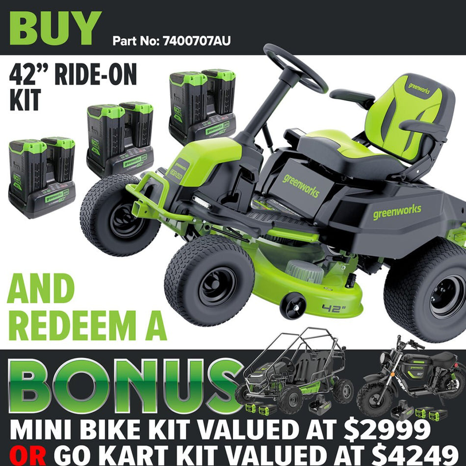Greenworks CRT426 60V 42in Electric Ride On Mower [7400707AU] - perfect for large lawns!